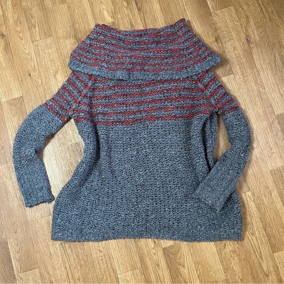 Free People Wool, Linen, Mohair Blend Gray and Red Cowl Neck Chunky Sweater - Picture 2 of 10
